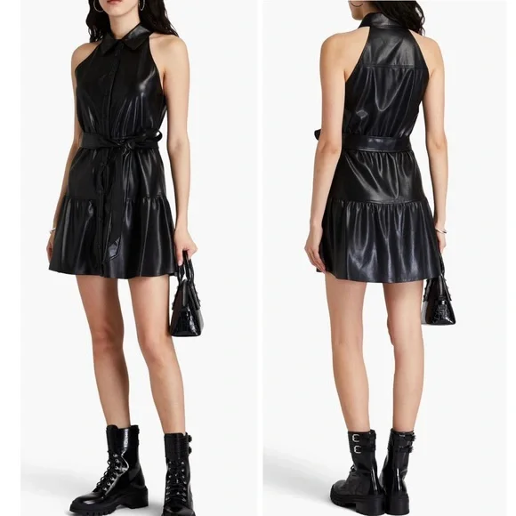Alice + Olivia Miranda Vegan Leather Tiered Button Down Sleeveless Mini Dress - Picture 8 of 16